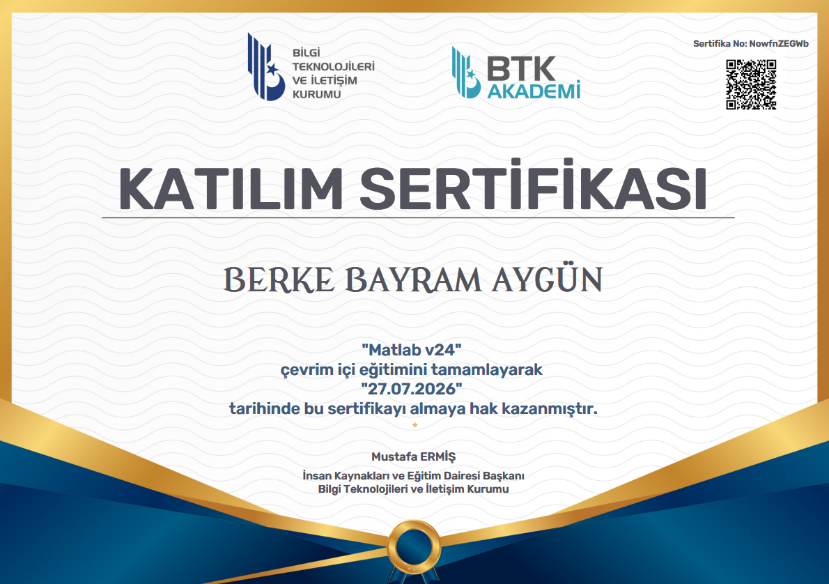 BTK Akademi MATLAB v24 sertifikası